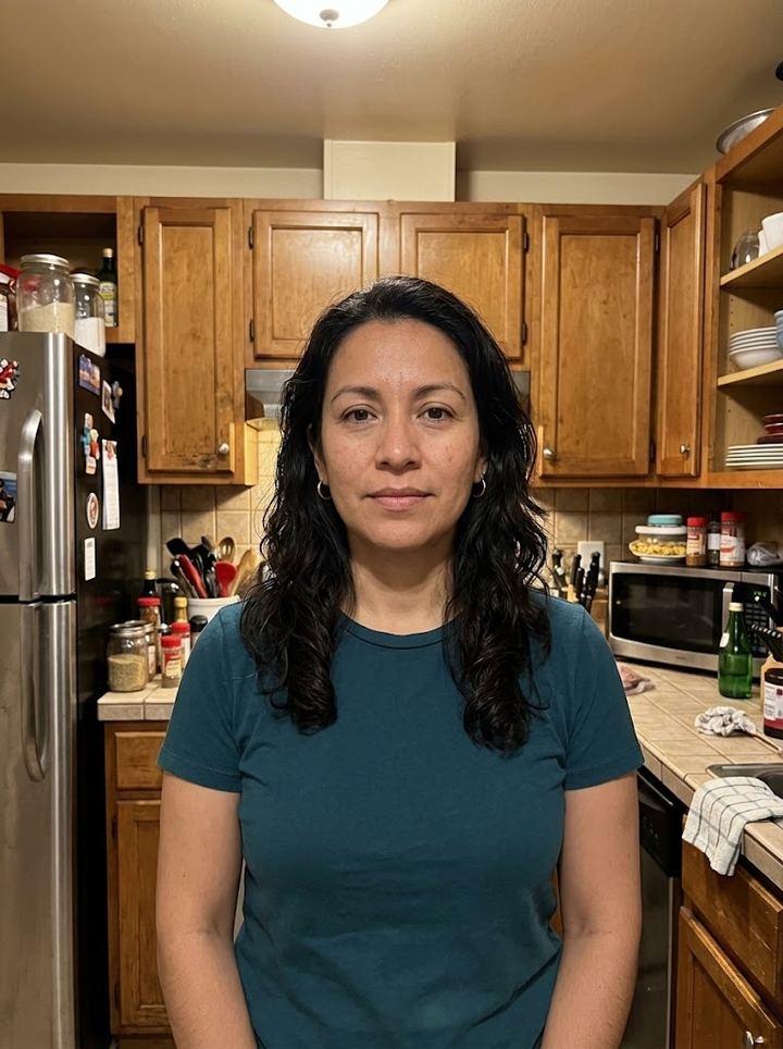 A woman photographed in a busy kitchen