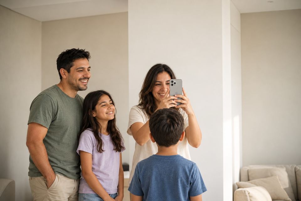Una familia en casa mientras la mamá toma la foto de su hijo frente a una pared lisa