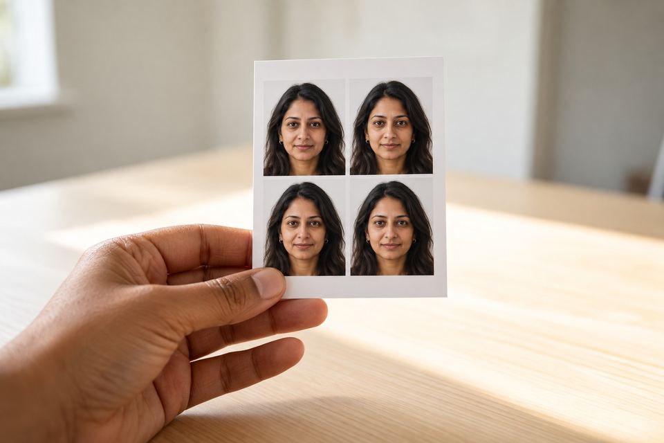 Una mano sostiene una hoja con cuatro fotos de pasaporte grandes e iguales de una mujer