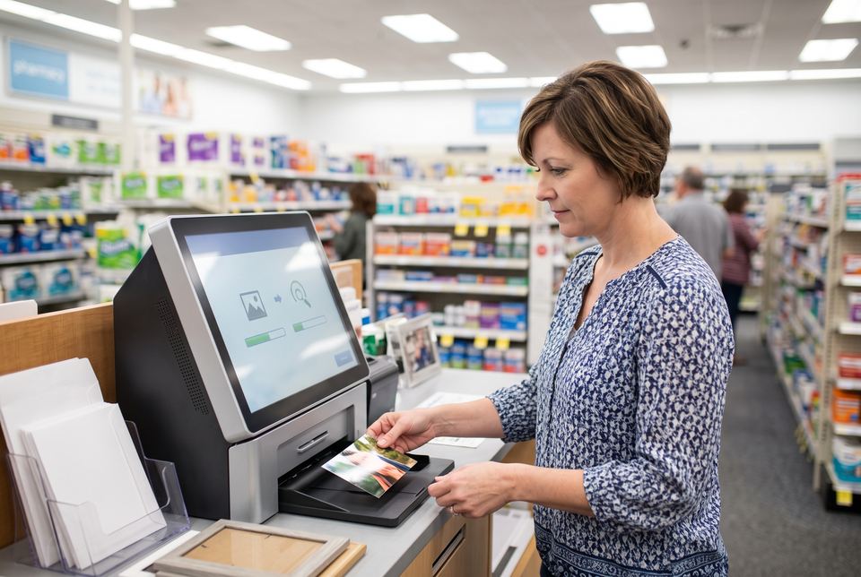A woman picks up a print at a pharmacy photo kiosk