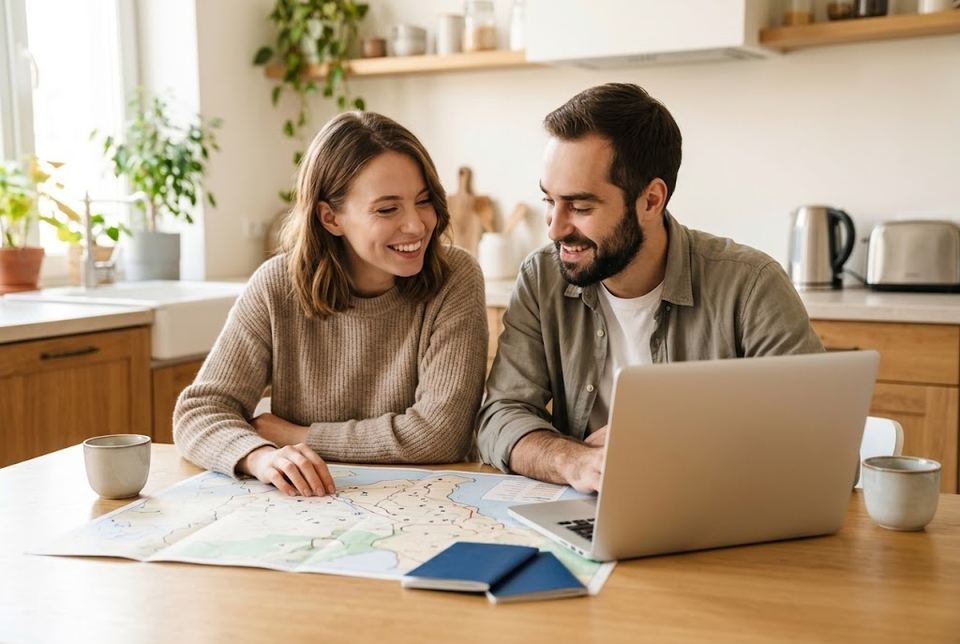 A couple planning a trip with their passports at the kitchen table