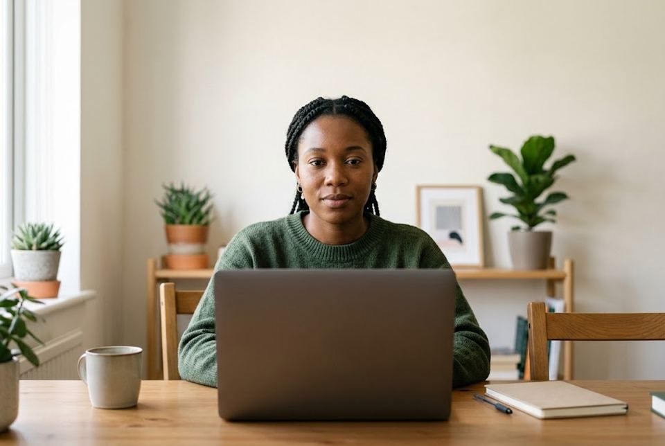 A woman takes her photo with her laptop webcam at home